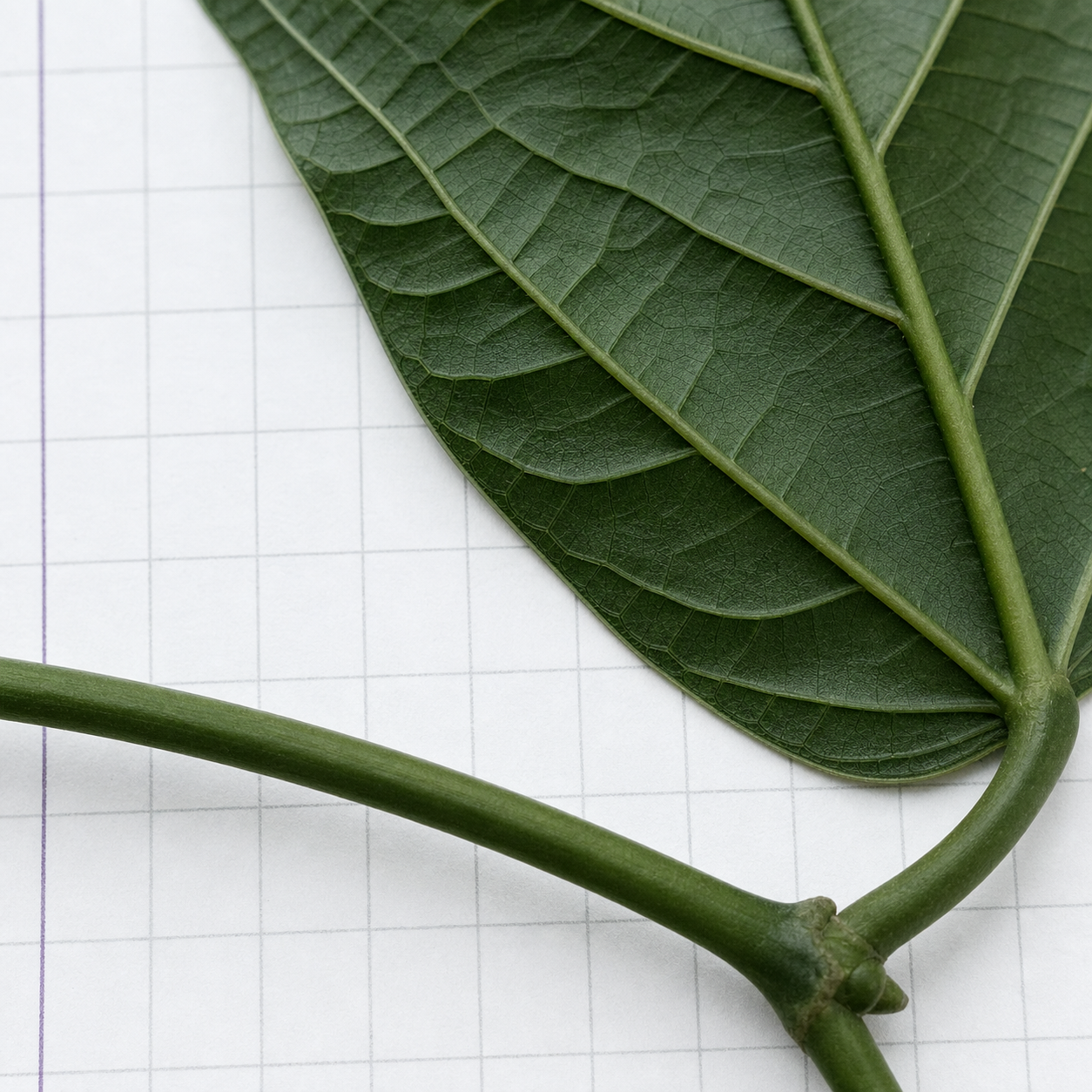 Botanische veldstudie van een Banisteriopsis-blad en bladknoop.