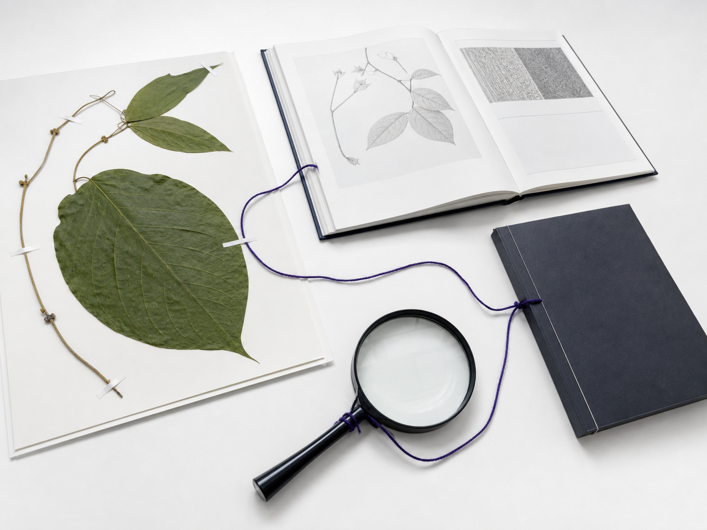 Open botanisch naslagwerk met een Banisteriopsis-tak op een witte werktafel.